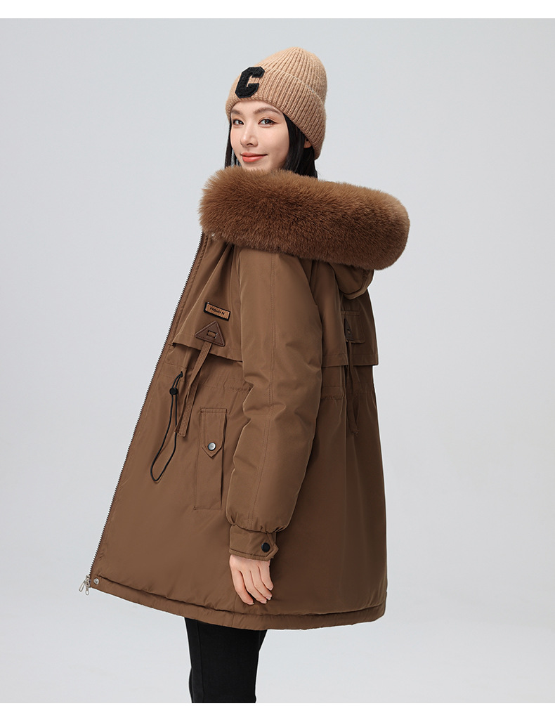 2024 foreign trade overcomes women's winter new Korean version waist cinching slimming hooded big fur collar cotton_voghion.com