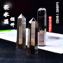 天然茶水晶单双尖水晶柱六棱柱原石打磨摆件客厅办公室茶水晶摆件