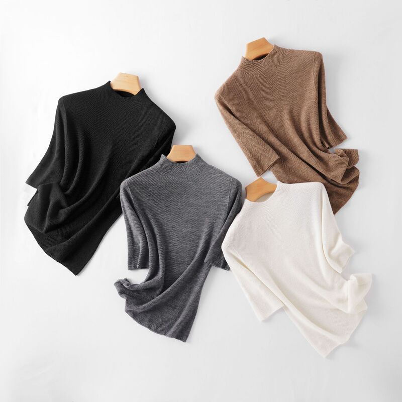 Machine washable Merino wool knit sweater, 60-count herringbone pattern, half-high collar, fine-spun wool sweater for women Machine washable Merino wool knit sweater, 60-count herringbone pattern, half-high collar, fine-spun wool sweater for women