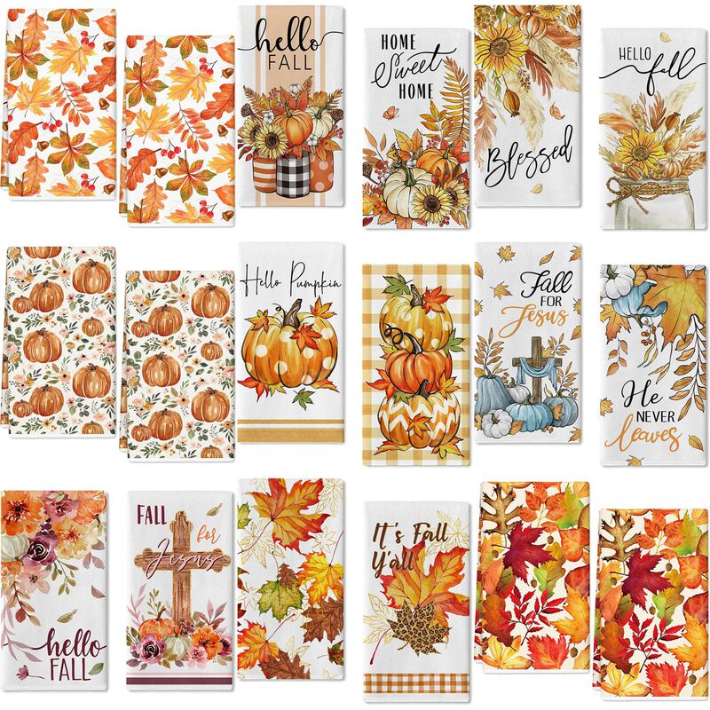 Amazon Hot Sale Fall Thanksgiving Maple Leaf Pumpkin Kitchen Towel Dish Towel Farmhouse Seasonal Kitchen Decor