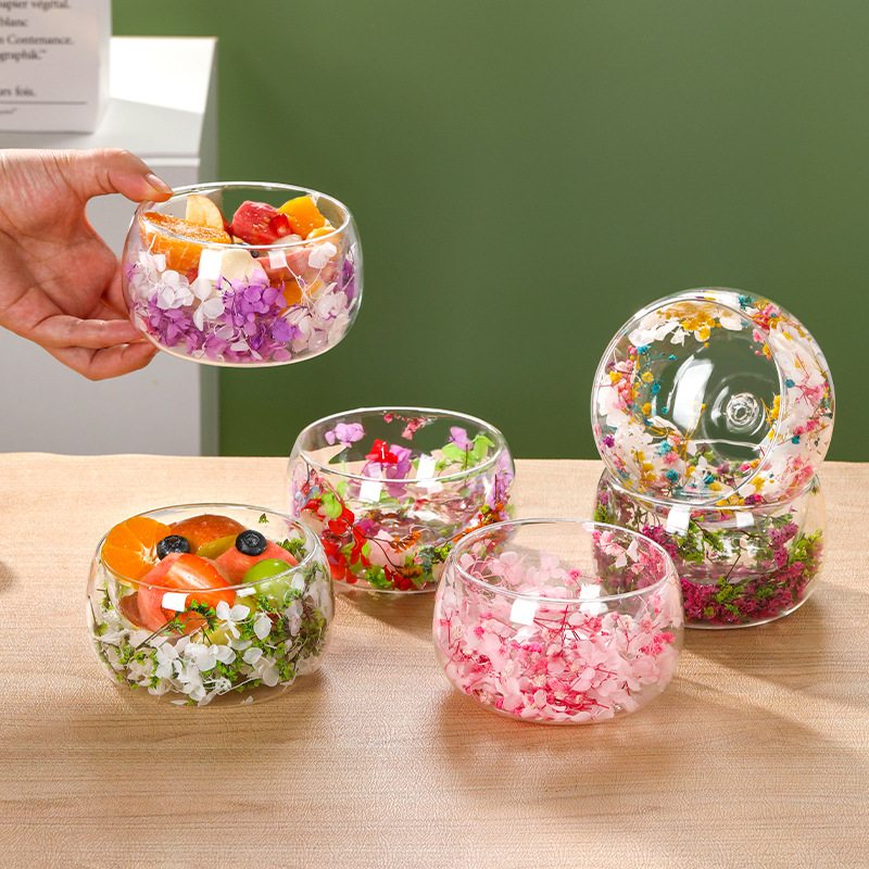 Ready-made Real Flower Double-layer Glass Salad Bowl With High...