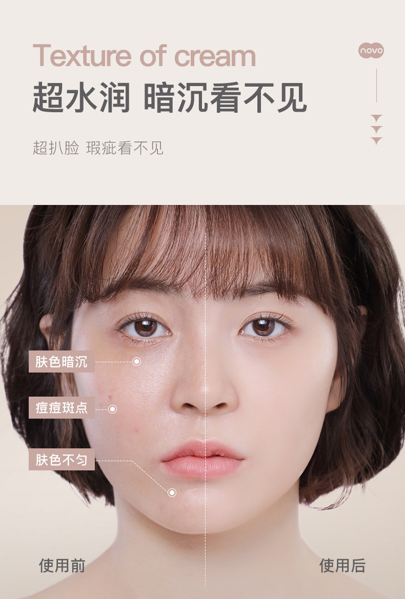 NOVO Makeup and Beauty Foundation controls oil, moisturizes, conceals blemishes, is water-resistant, sweat-proof, does not smudge, and is suitable for dry skin and cream undefined
