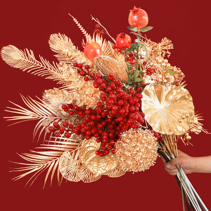 Simulación de flores ramas hibisco fruta roja oro yugalli ginkgo biloba decoración del hogar florista material DIY hecho a mano
