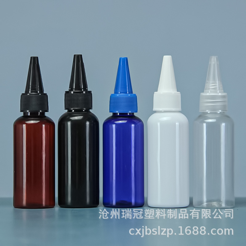 En stock 50ml botella de boca puntiaguda 50ml botella de plástico botella de recubrimiento botella de compresión botella de mezcla de color loción pigmento sub-botella