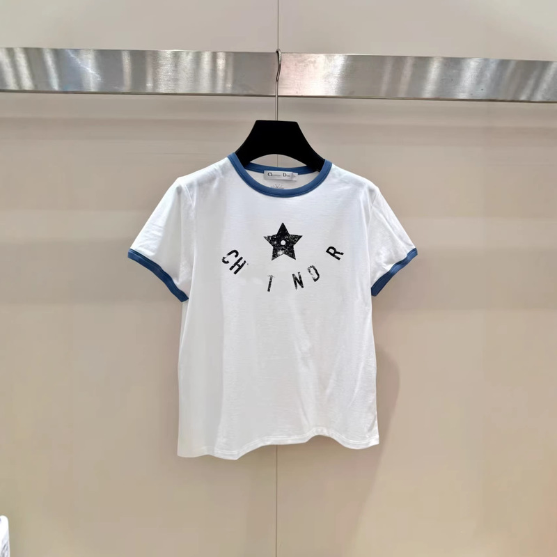 Nanyou High-End Version Dio 25 New Spring/Summer Color-Blocking Simple Versatile Printed Star Round-Neck Short-Sleeve T-Shirt for Women