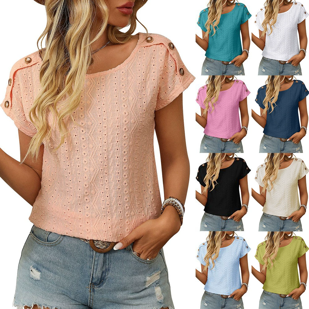 Amazon Женская одежда Европа и США трансграничная весна 2025 года новый сплошной цвет круглый воротник с короткими рукавами футболка с полыми рукавами