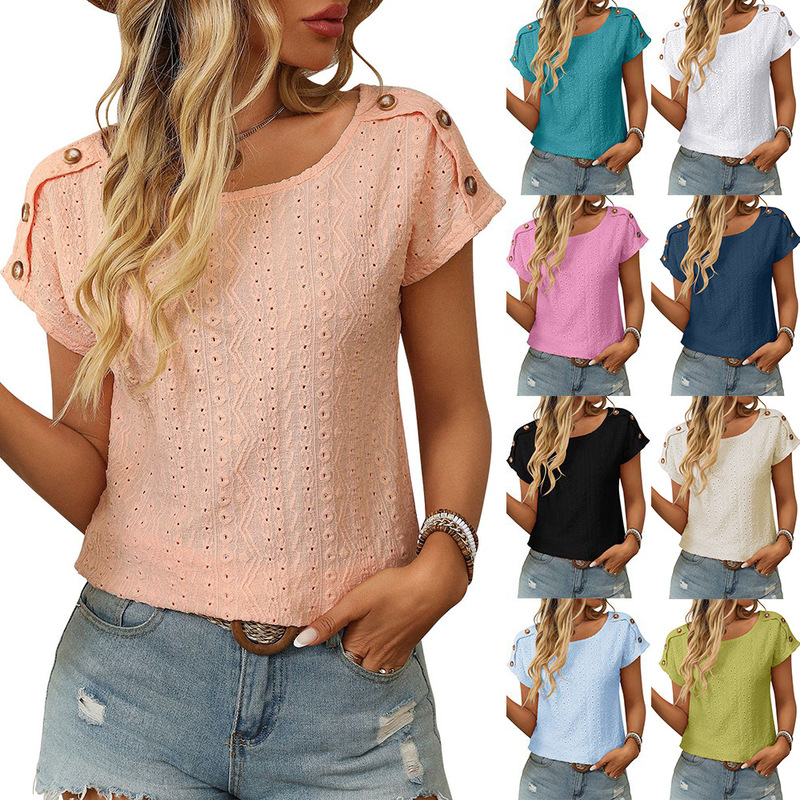 Amazon Women's Clothing European and American Cross-border 2025 Spring and Summer New Solid Color Crewneck Button Short-sleeved T-shirt Hollow Top Amazon Women's Clothing European and American Cross-border 2025 Spring and Summer New Solid Color Crewneck Button Short-sleeved T-shirt Hollow Top