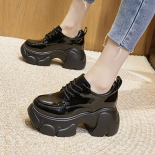 Inner Heightening Loafers for Women 2025 Spring New Casual Round-Toe Black Platform Thick-Soled Flats British Small Leather Shoes