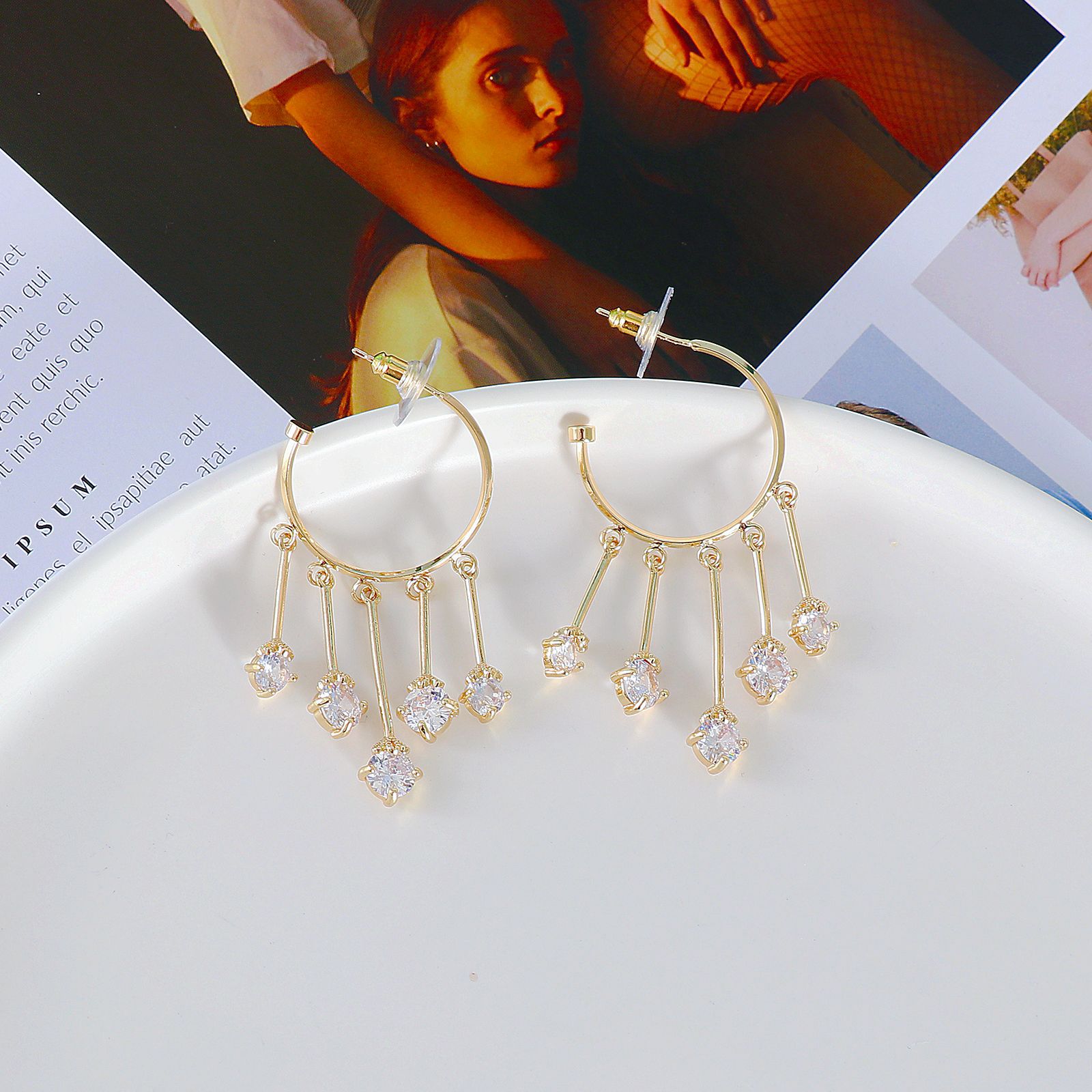 Vintage Geometric Tassel Long Zircon Copper Earrings Wholesale display picture 3