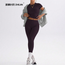 跨境欧美外贸女装紧身短袖瑜伽服套装收腹提臀普拉提外穿运动长裤