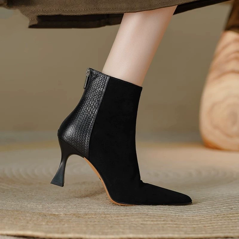 Тонкие сапоги 2024 новые остроконечные эластичные низкие замшевые сапоги сапоги осенние и зимние корейские задние сапоги на молнии на высоком каблуке женские