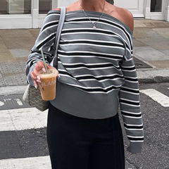 秋冬新款条纹撞色露肩休闲上衣设计感两穿法辣妹收腰长袖T恤批发