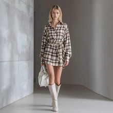 2025秋冬季欧美跨境修身款格纹衬衫款连衣短裙