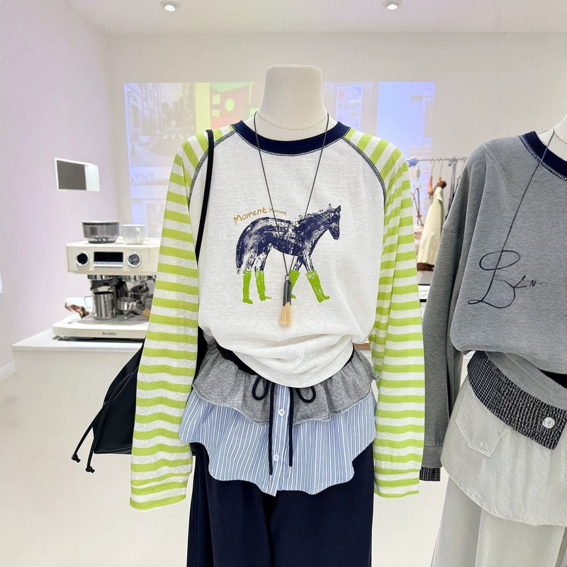 120kg Plus-Size Niche Striped Raglan Sleeve Fashion Printed Long-Sleeve T-Shirt for Women, Spring/Summer Casual Top
