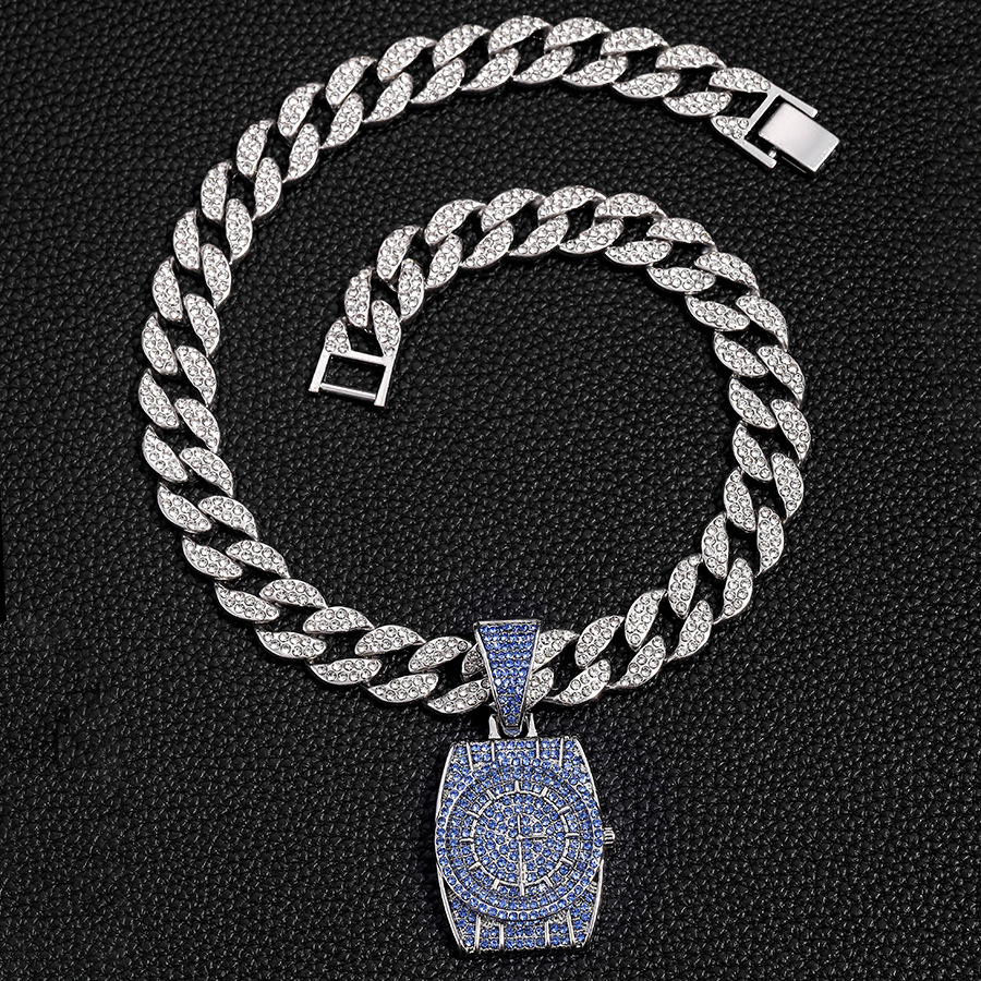 Personalized hip-hop niche blue diamond watch pendant full of diamonds, men's versatile jewelry, Cuban necklace jewelry_voghion.com