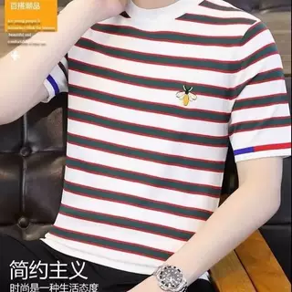 源头厂家男士新款2024夏季条纹t恤短袖潮流冰丝半袖潮牌男薄款T恤