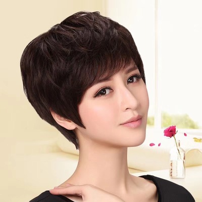 厂家批发真人发丝假发全头套妈妈中老年发型黑色短卷发斜刘海自然