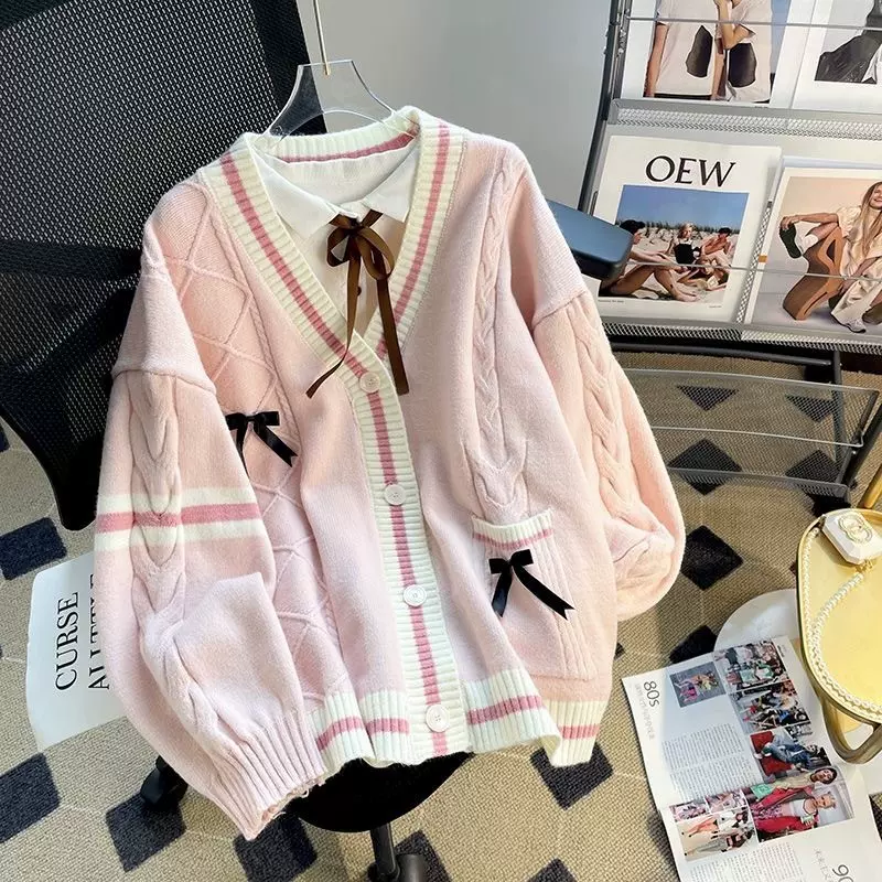 立体蝴蝶结毛衣外套女秋冬新款宽松慵懒风设计感减龄韩系针织开衫