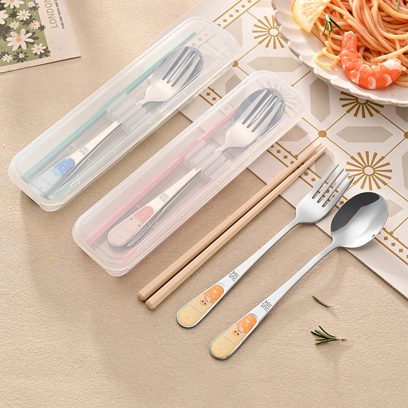 304 스테인레스 스틸 만화 동물 포크, 스푼 및 젓가락 세트 학생 및 직장인을위한 휴대용 테이크 아웃 스푼 및 젓가락 식기