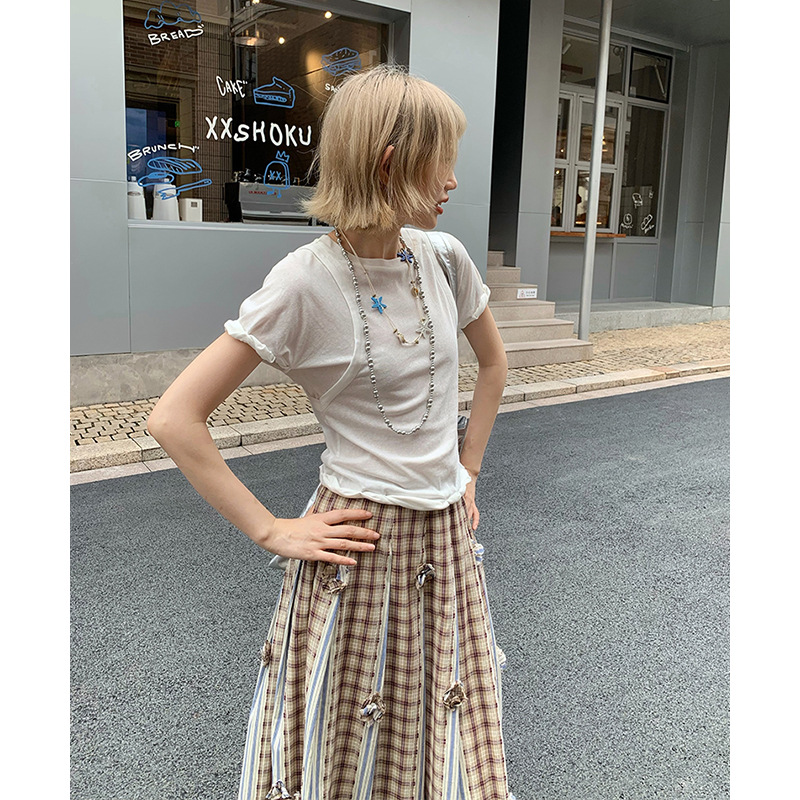 Unity Mode American Casual Short-Sleeved Top Slim Fit Summer Design Niche Fake Two-Piece T-Shirt for Women