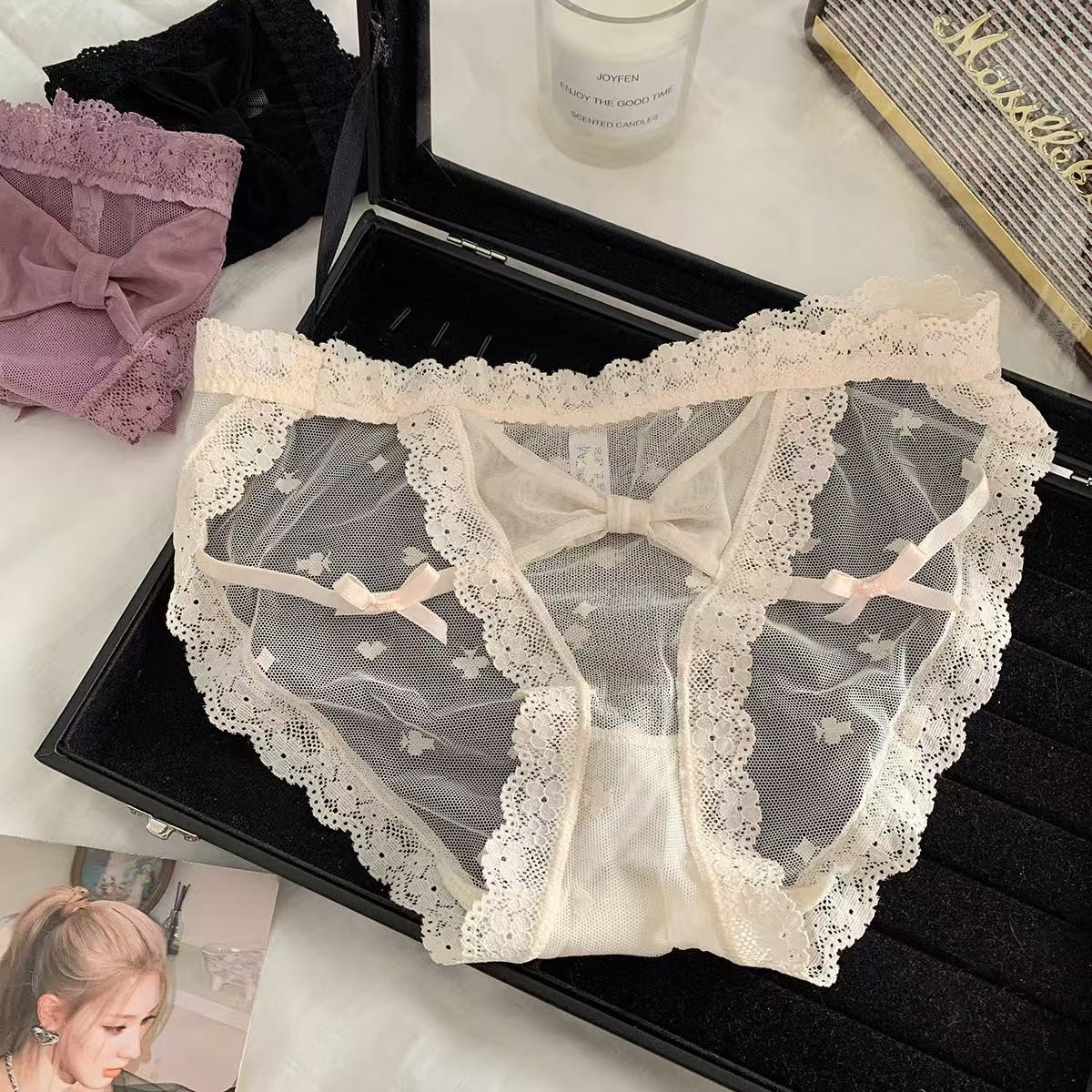 Soft Line Series* Pure Desire Sweet Strap Polka Dot Mesh Bow Girl Underwear See-Through Briefs for Women