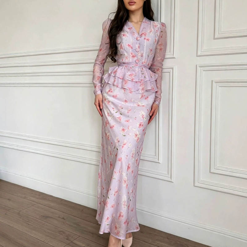 2026 Autumn New European and American Amazon Cross-Border V-Neck Floral Ruffle Top and Fishtail Skirt Set 2026 Autumn New European and American Amazon Cross-Border V-Neck Floral Ruffle Top and Fishtail Skirt Set