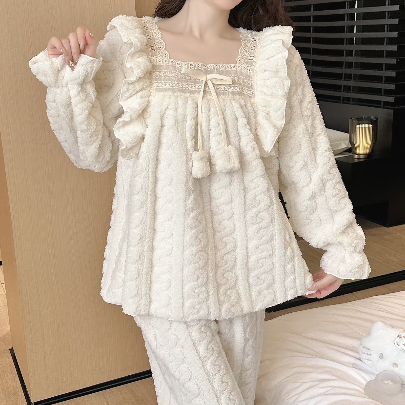 Jacquard de flanel encaje princesa cuello cuadrado pijama de invierno mujer arco cálido conjunto de ropa para el hogar