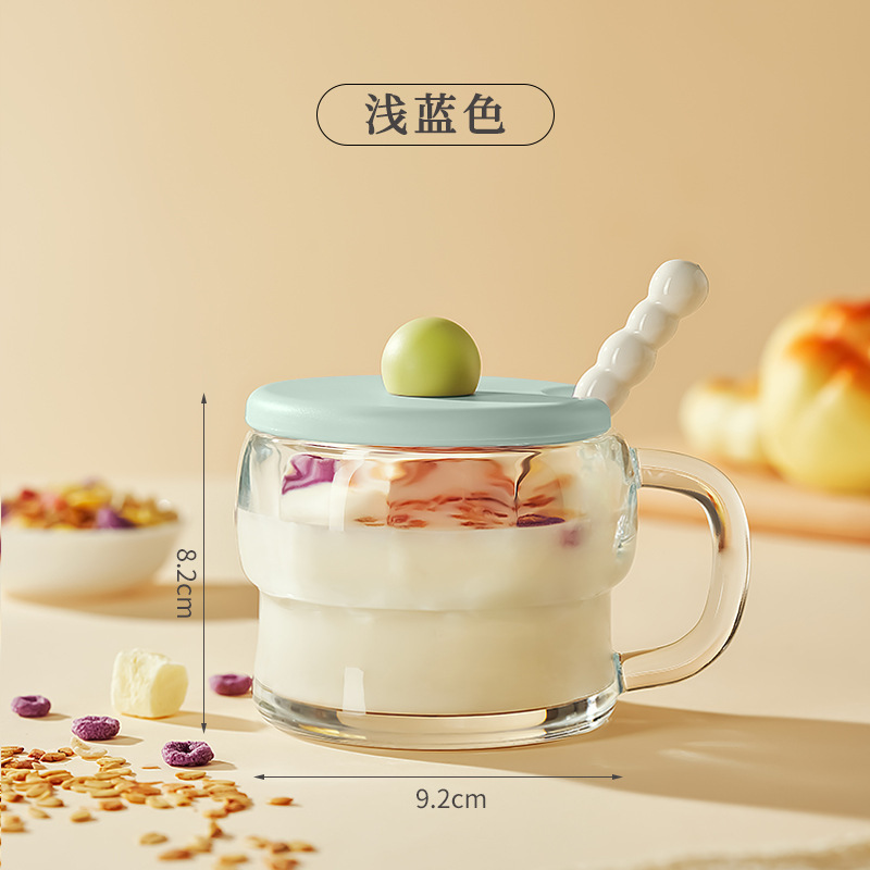 Taza transparente de alto valor Taza de desayuno con tapa Cuchara Taza de leche Mango Taza de avena Taza de vidrio Taza de yogur de leche de soja