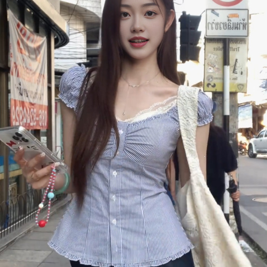 20262025 New Sweet Summer Korean-Style Striped Short-Sleeve Slimming Shirt Top with Waist-Cinching Ruched Unique Blouse 20262025 New Sweet Summer Korean-Style Striped Short-Sleeve Slimming Shirt Top with Waist-Cinching Ruched Unique Blouse