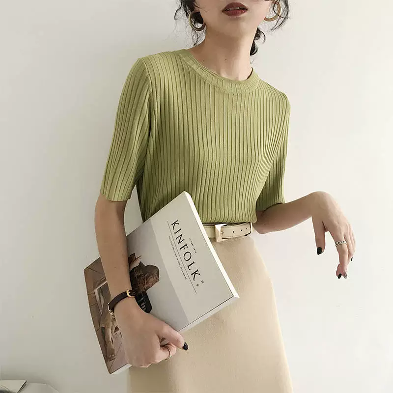 2019 корейская летняя одежда, новый однотонный трикотаж в полоску с круглым вырезом и короткими рукавами, женский универсальный прямой пуловер, модный топ