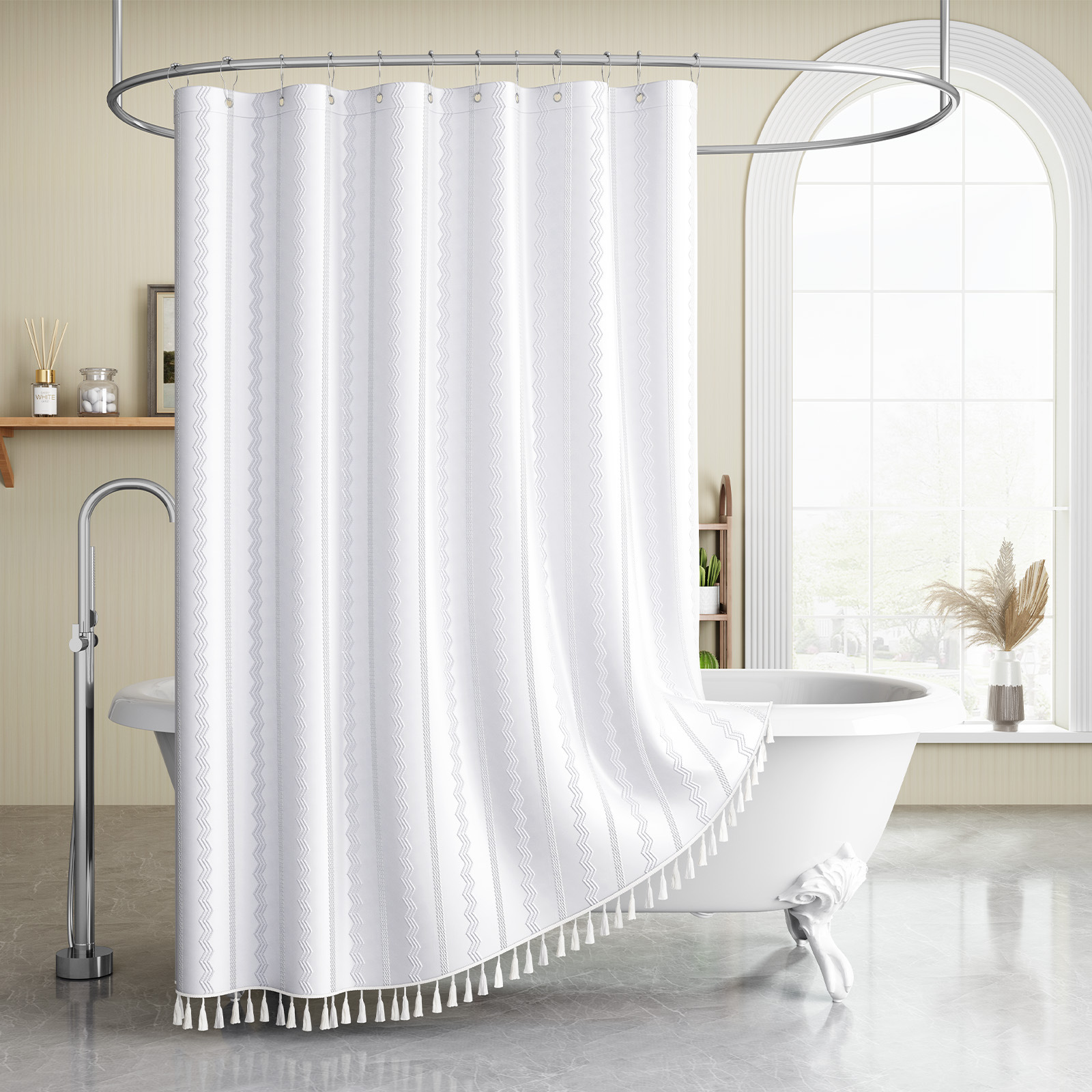 Cross-border bestseller: Thickened jacquard shower curtain, waterproof and mildew-proof, hotel-style solid color striped shower curtain with tassels, partition curtain