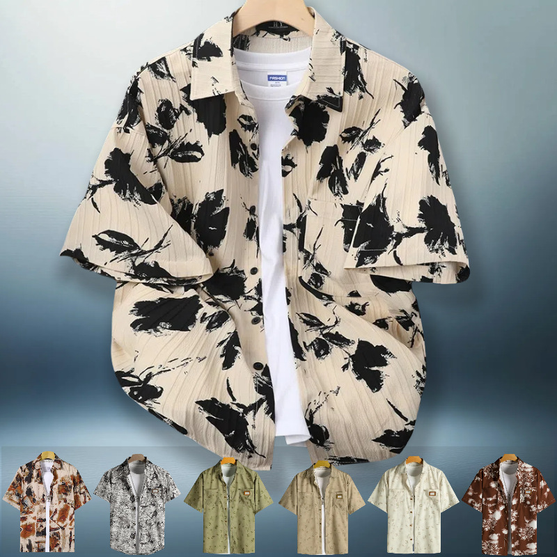 Foreign Trade Hong Kong Style Retro Flower Full Print Short Sleeve Shirt Men's Summer Fashion Brand Street New Casual Shirt