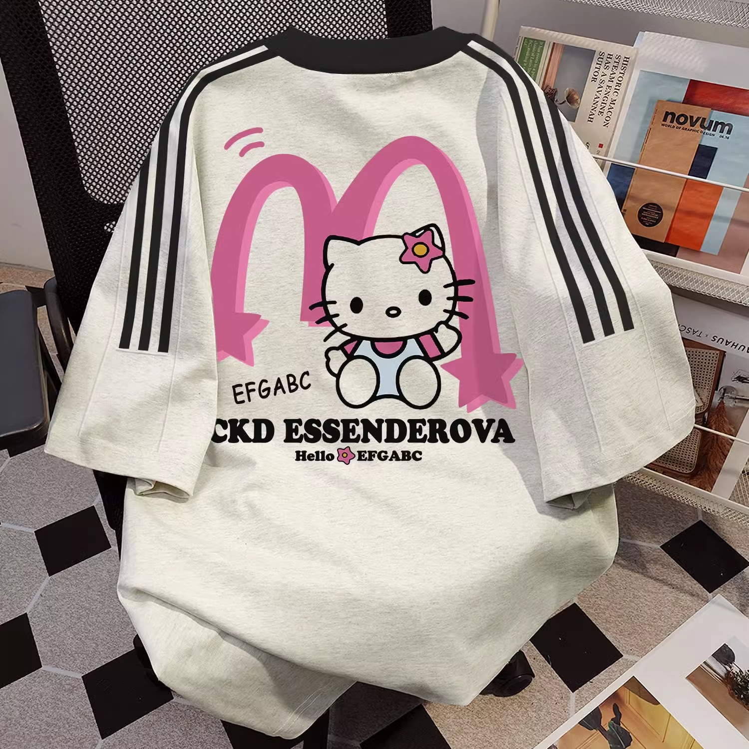 纯棉美式高街凯蒂猫短袖t恤女夏季新款宽松三条杠Kitty猫上衣服潮