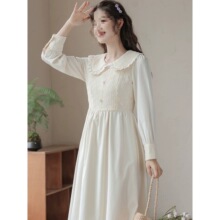 森系超仙蕾丝拼接娃娃领雪纺连衣裙女秋季新款高腰大摆少女裙子