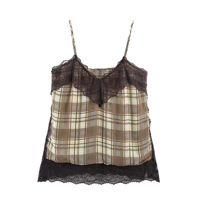 Za 2026 Spring and Summer New Women's Clothing V-Neck Lace-Trimmed Plaid Suspender Top 3666060