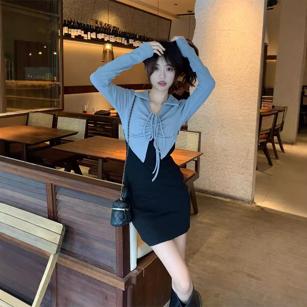 (2개) 달콤하고 매콤한 부드러운 바람 가짜 투피스 긴팔 원피스 여성 초가을 디자인 레트로 뜨거운 소녀 섹시한 힙합 스커트 짧은 치마