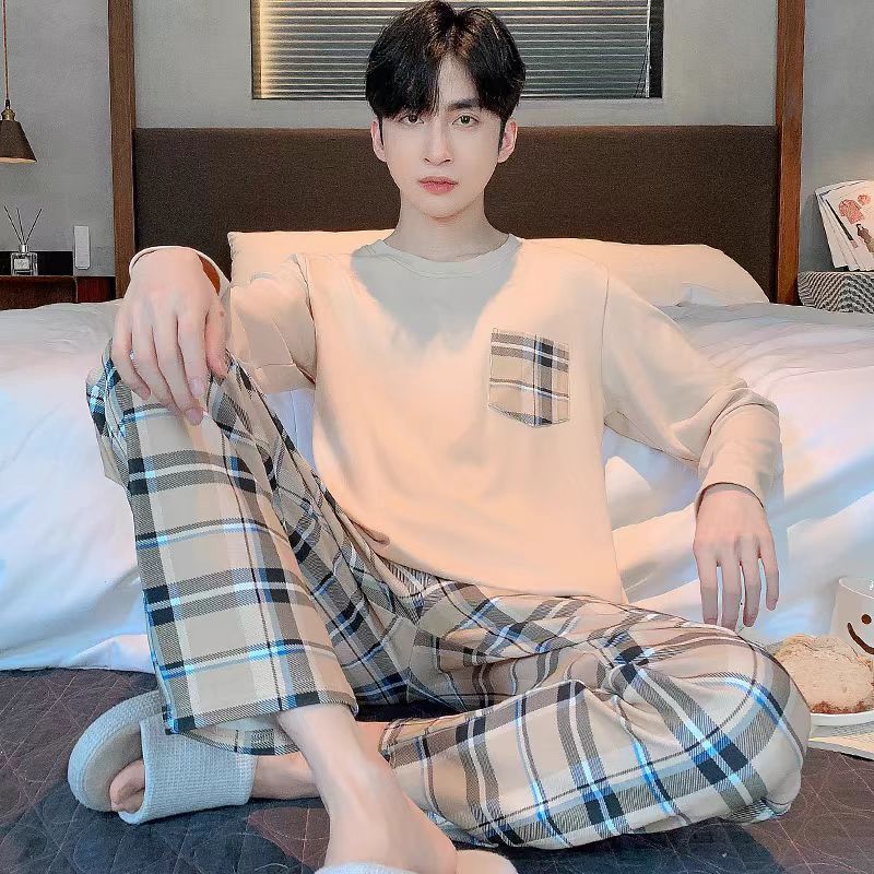 2026 pijamas de manga larga para hombres primavera y otoño simple chaqueta casual juvenil invierno set de ropa de hogar se puede usar para el comercio exterior