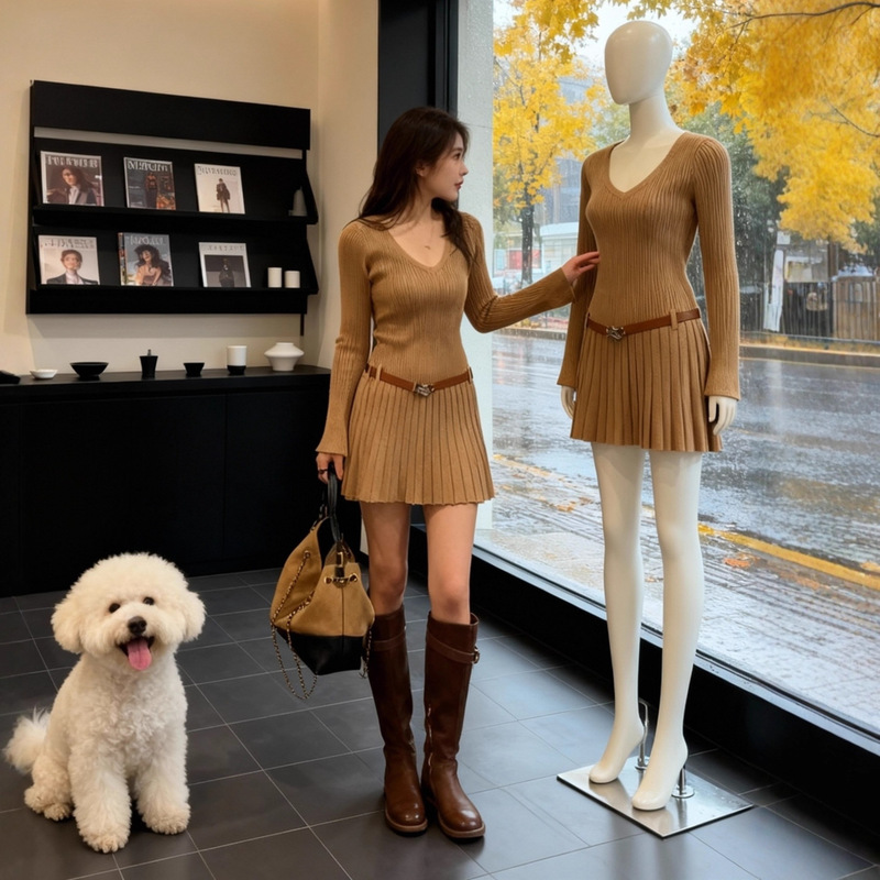 66378 Korean Pure Lust Sexy Knitted Sweater Dress Autumn and Winter V Neck Small Waist Slimming Look Pleated Skirt