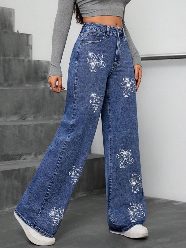 欧美跨境女装牛仔裤 25秋季新款花朵烫钻宽松直筒牛仔长裤女JEANS|undefined