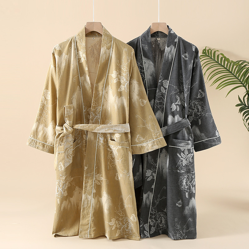 Yarn-dyed Jacquard Couple's Nightgown Four Seasons Thin Cardigan Belt Women's Universal Hotel Hot Spring Bathrobe National Style Robe