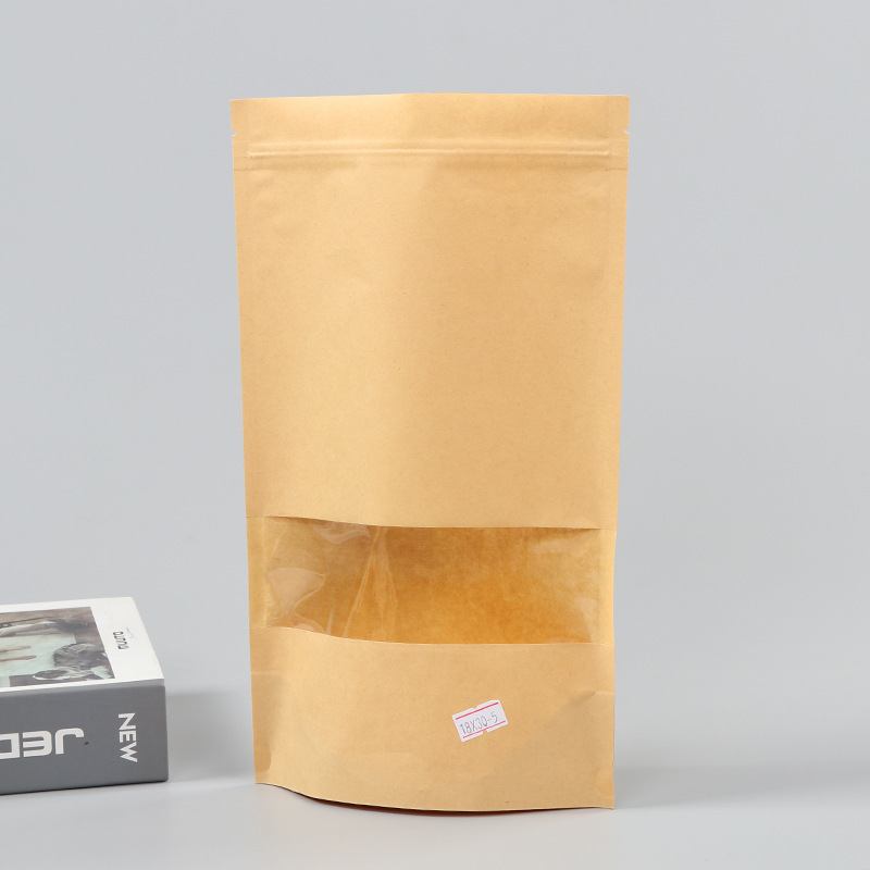 Spot bolsa de papel kraft con ventana transparente bolsa de embalaje de alimentos autosellada autoportante bolsa de té sellada de ocho lados fácil de rasgar