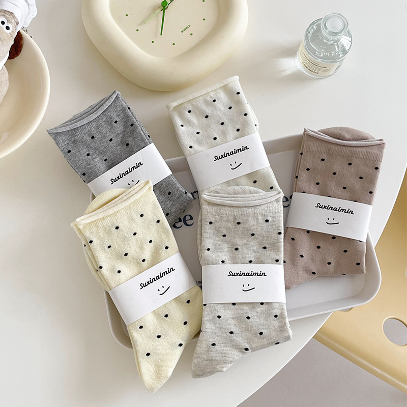 Suxinaimin Women's Socks Spring and Summer Trendy Retro Cream Style Rolled Edge Polka Dot Mid-Calf Socks Maternity Socks Thin Style Suxinaimin Women's Socks Spring and Summer Trendy Retro Cream Style Rolled Edge Polka Dot Mid-Calf Socks Maternity Socks Thin Style