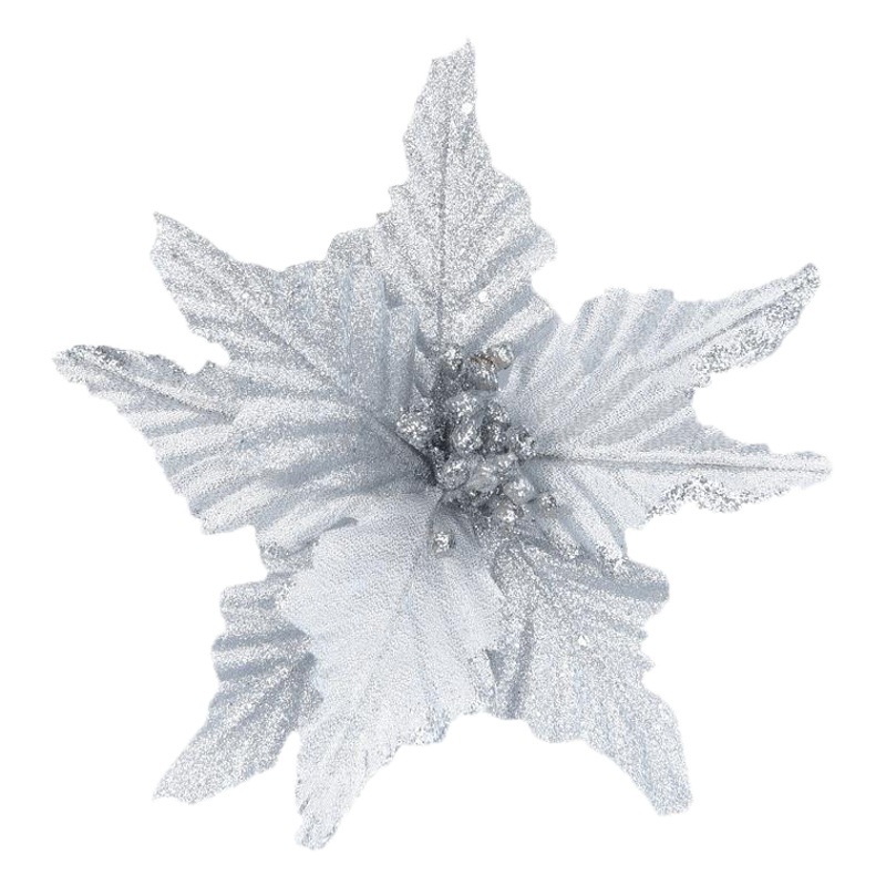 Flor navideña artificial plateada de 22 cm con polvo dorado, corona para árbol de Navidad, decoración floral, artículos navideños.