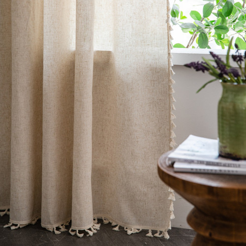 Le Xu Show Amazon Best Selling Semi-Darkening Bedroom Curtains, Ready-Made Polyester Linen Solid Color Simple Tassel Kitchen Curtain Wholesale