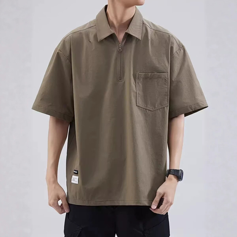 Brown Half-Zip Shirt Men's Short-Sleeved Japanese Retro Polo Collar T-Shirt Trendy Vintage Workwear Half-Sleeved Shirt