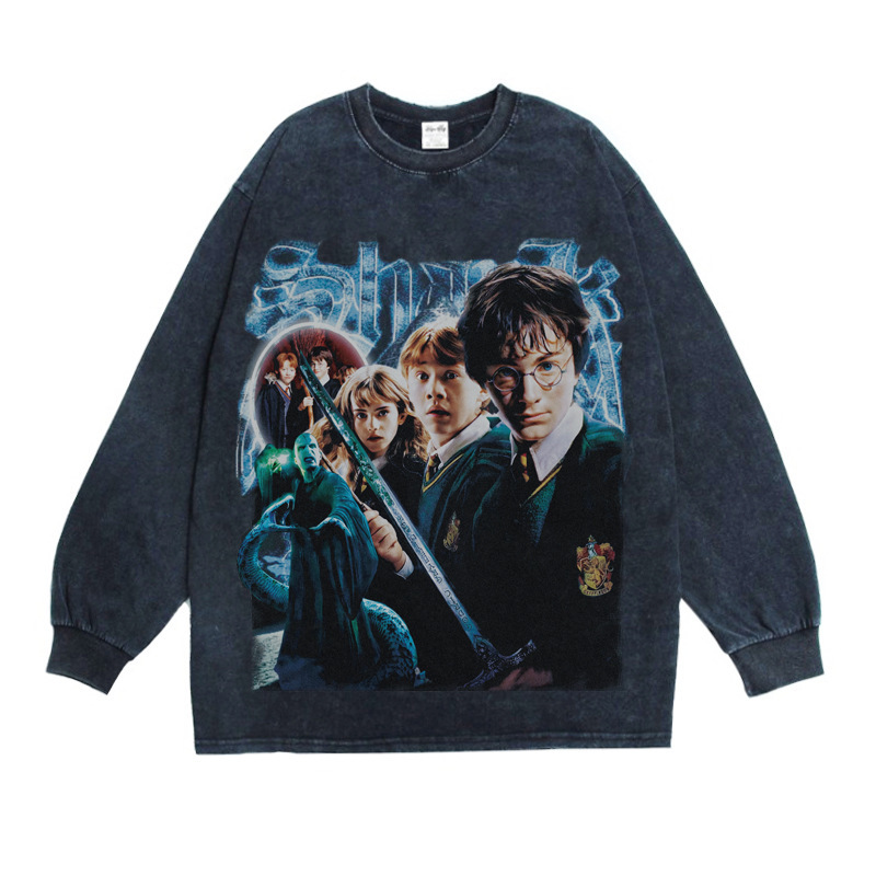 European and American classic movie Harry Potter magic peripheral street loose retro American printed long sleeve T-shirt