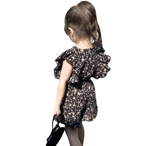 Korean Children's Set for Girls 2024 Summer Fashion Black Floral Short Sleeve Blouse and Shorts Two-Piece Set