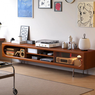Music Box Tv Cabinet Solid Wood Mid-Century Style Small Apartment Glass Sliding Door Storage Cabinet Retro Floor-Standing Retro Tv Cabinet