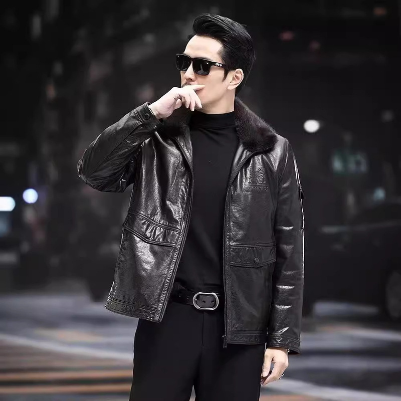 Winter New Men's Fur One Oil Wax Calfskin Genuine Leather Mink Collar Thickened Wool Liner Jacket