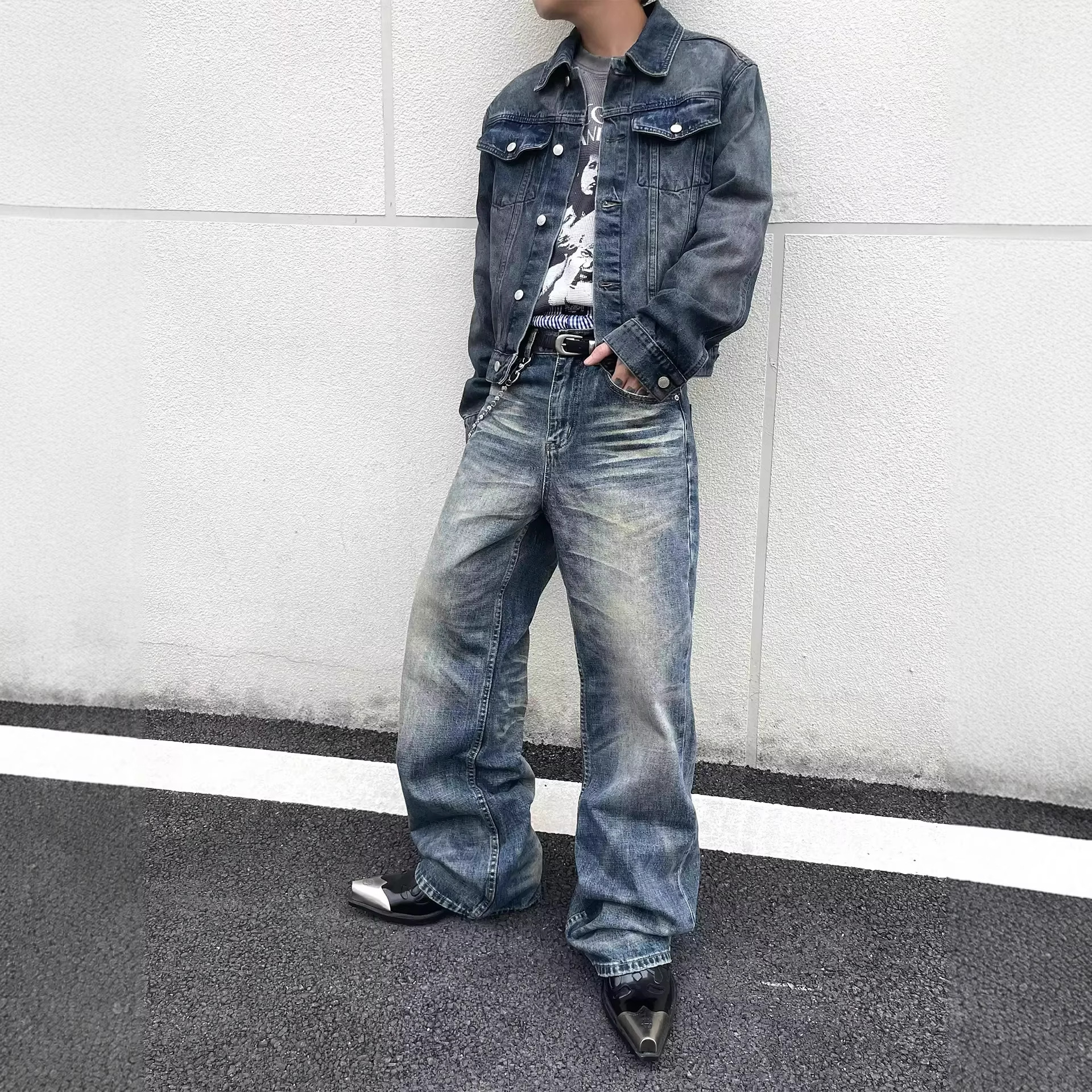 Vintage Washed Distressed Whiskered Baggy Jeans High Street Style Casual Loose Fitting Straight Leg Jeans_mkmklike.com
